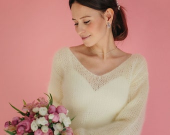 Maglione in mohair Giacca da sposa Maglione bianco Pullover in mohair Coprispalle da sposa Maglione bianco Donna Giacca in mohair bianco Maglione da sposa