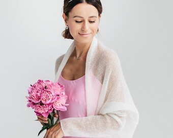 Cardigan en soie mohair, boléro de mariage blanc, haussement d'épaules blanc pour femme