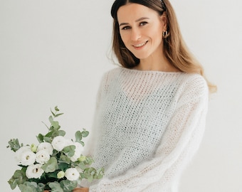 Mohair Sweater Wedding Cover Up White Wool Sweater Knitted Bridal Wrap Mohair Pullover Wedding Wool Shrug Chunky Sweater White Bridal Shrug