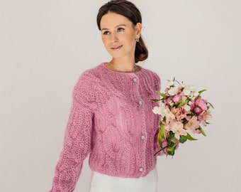 Cardigan da sposa Giacca in mohair rosa Coprispalle da sposa Maglione in mohair rosa Giacca in lana Avvolgente da sposa Giacca rosa Maglione da sposa da donna