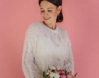 Veste de mariée Cardigan en mohair Veste en laine pour femme Manteau en tricot blanc Cardigan de mariage Cape de mariée blanche en mohair Veste de mariage