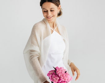 Écharpe de mariée blanche en mohair Cardigan cache-cœur pour mariée Cardigan en soie blanche Pull de mariage Cardigan en dentelle Boléro de mariée blanc