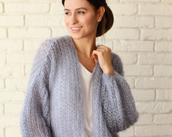 Cardigan de mariage en mohair, veste de mariage blanche, pull en mohair gris, manteau de mariée