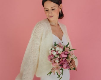 Giacca bianca da donna Cardigan in mohair Avvolgente da sposa Cardigan in lana bianca Giacca in mohair Cardigan bomber Coprispalle da sposa