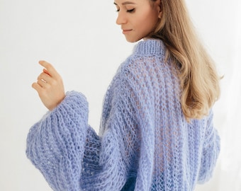 Mohair Sweater For Women Mohair Cardigan Wool Sweater Blue Jumper Oversized Sweater Blue Pullover Chunky Knit Sweater