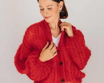 Suéter Mohair Mujeres Abrigo de lana roja Mohair Jersey Jersey rojo Mujeres Suéter de gran tamaño Cárdigan de punto rojo Suéter de mujer