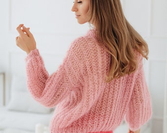 Mohair Sweater For Women Hand Knitted Sweater Pink Pullover Chunky Sweater Pink Jumper Oversized Sweater Mohair Cardigan Women's Sweater