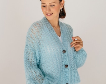 Mohair-Cardigan, blauer Wollpullover, Mohair-Wollpullover, Strickjacke, Mohair-Wollmantel, Mohair-Jacke