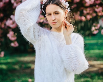 Pull de mariée blanc, cape de mariage, pull en mohair blanc cassé, haussements d'épaules de mariée, pull blanc, écharpe de mariage