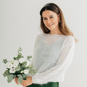 Suéter de mohair para boda, suéter de lana blanco, chal de novia de punto, jersey de mohair, bolero de lana para boda, suéter grueso, bolero de novia blanco