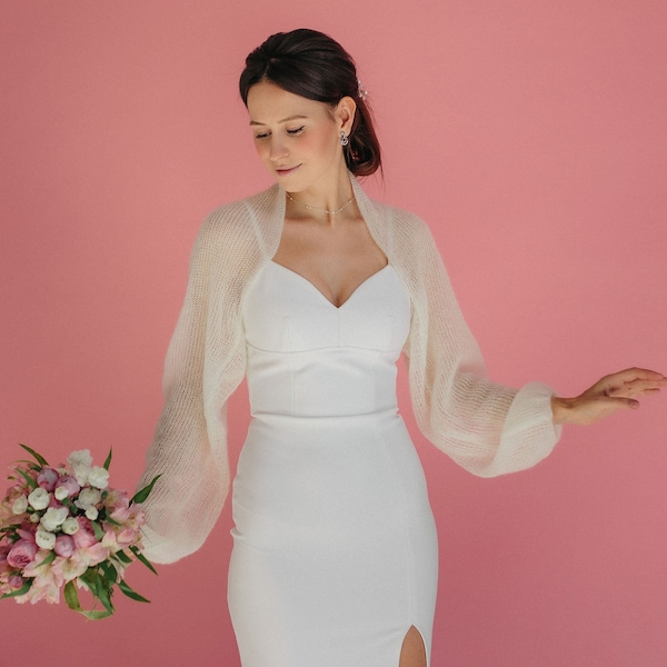 Boléro de mariage blanc, cardigan en mohair, veste de mariée, cape de mariée blanche, cache-cœur en mohair, veste de soie en mohair blanc, boléro en mohair blanc