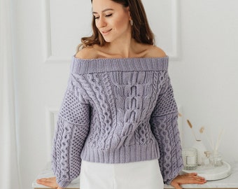 Hand Knitted Sweater Women Loose Knit Jumper Oversized Sweater Purple Jumper Cable Knit Sweater Off The Shoulder