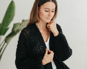 Cárdigan de mujer negro Suéter de mohair negro Chaqueta de mohair negro Cárdigan de mohair Abrigo de lana negro Chaqueta de lana negra