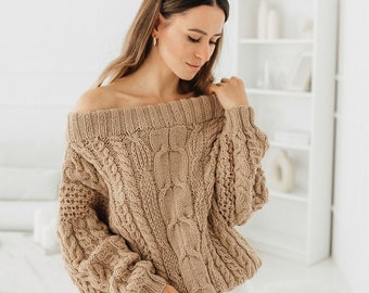 Beige Sweater Women Cable Sweater  Beige Wool Sweater Hand Knitted Sweater Beige Jumper Chunky Knit Sweater Beige Pullover