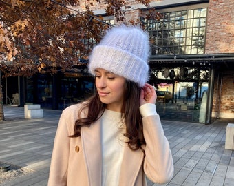 Mohair Winter Hat White Women Hat Handknit Beanie Hat Fluffy