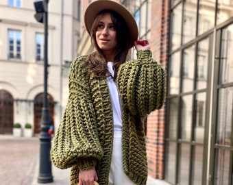 Green Cardigan Coat Wool Cable Cardigan Women Green Knit Sweater