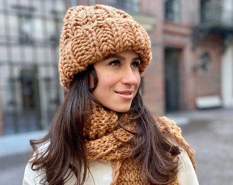 Bonnet épais Bonnet surdimensionné Bonnet en laine fait main pour femme Bonnet en tricot beige Chapeau d'hiver épais Chapeau géant