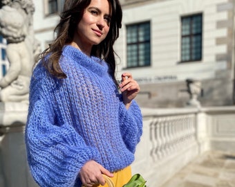 Blue Mohair Sweater Wedding Sweater Blue Mohair Pullover Oversized Sweater Blue Jumper Spring Sweater