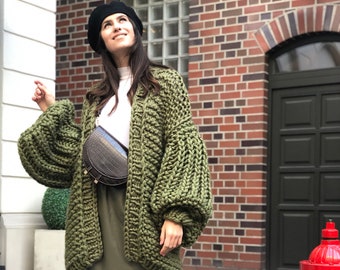 Green bomber jacket Bobble sweater Green cardigan Green chunky sweater jacket Chunky knit sweater Crochet cardigan