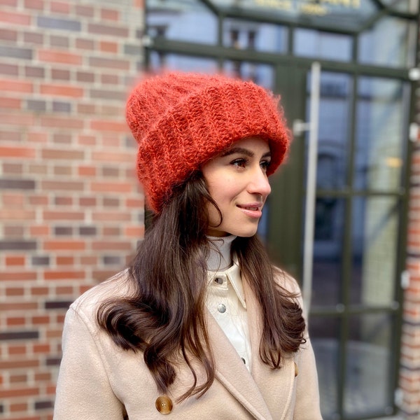 Bonnet en mohair Bonnet orange Bonnet torsadé Bonnet en laine pour femme Bonnet orange Bonnet duveteux Bonnet en tricot épais Bonnet surdimensionné en laine Bonnet femme