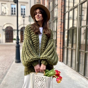 Green Cardigan Coat Wool Cable Cardigan Women Green Knit Sweater Oversized Cardigan Balloon Sleeve Green Knitted Jacket