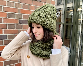 Green Beanie Hat Scarf Womens Green Knitted Hat and Scarf Set Wool Scarf Women Green Wool Hat