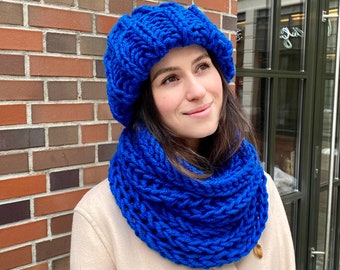 Gorro de invierno azul, sombreros para mujer, bufanda azul, accesorios de invierno para mujer, gorro de punto azul, bufanda de lana, conjunto de lana