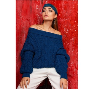 Grobstrick Pullover Damen Oversized Pullover Boho Pullover Blau Strickpullover Häkelpullover Grobstrick Pullover Bild 4