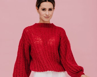 Suéter de seda de alpaca Jersey de lana roja Suéter de alpaca Jersey rojo Jersey de gran tamaño para mujer Jersey de alpaca