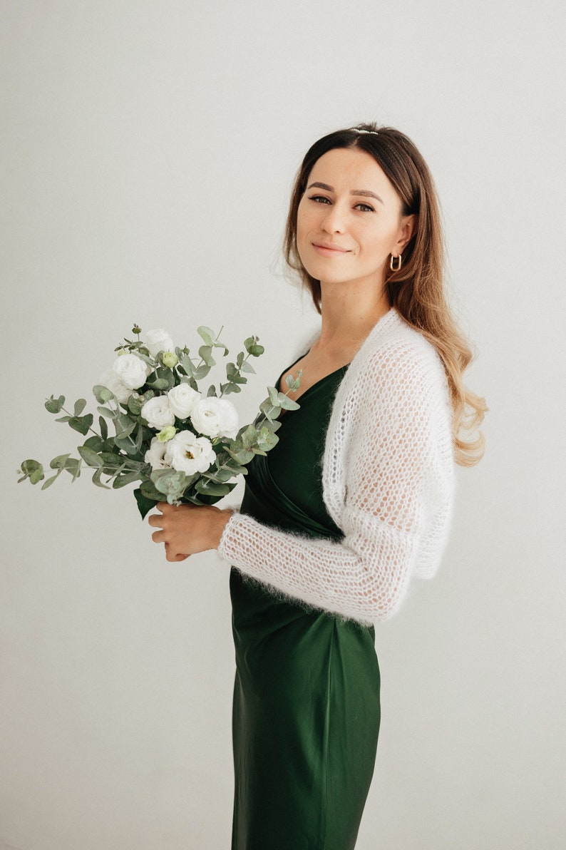 Boléro blanc en mohair pour femme, veste de mariage pour femme, boléro de mariée blanc, haussement d'épaules blanc, cape de mariage blanche en mohair image 5