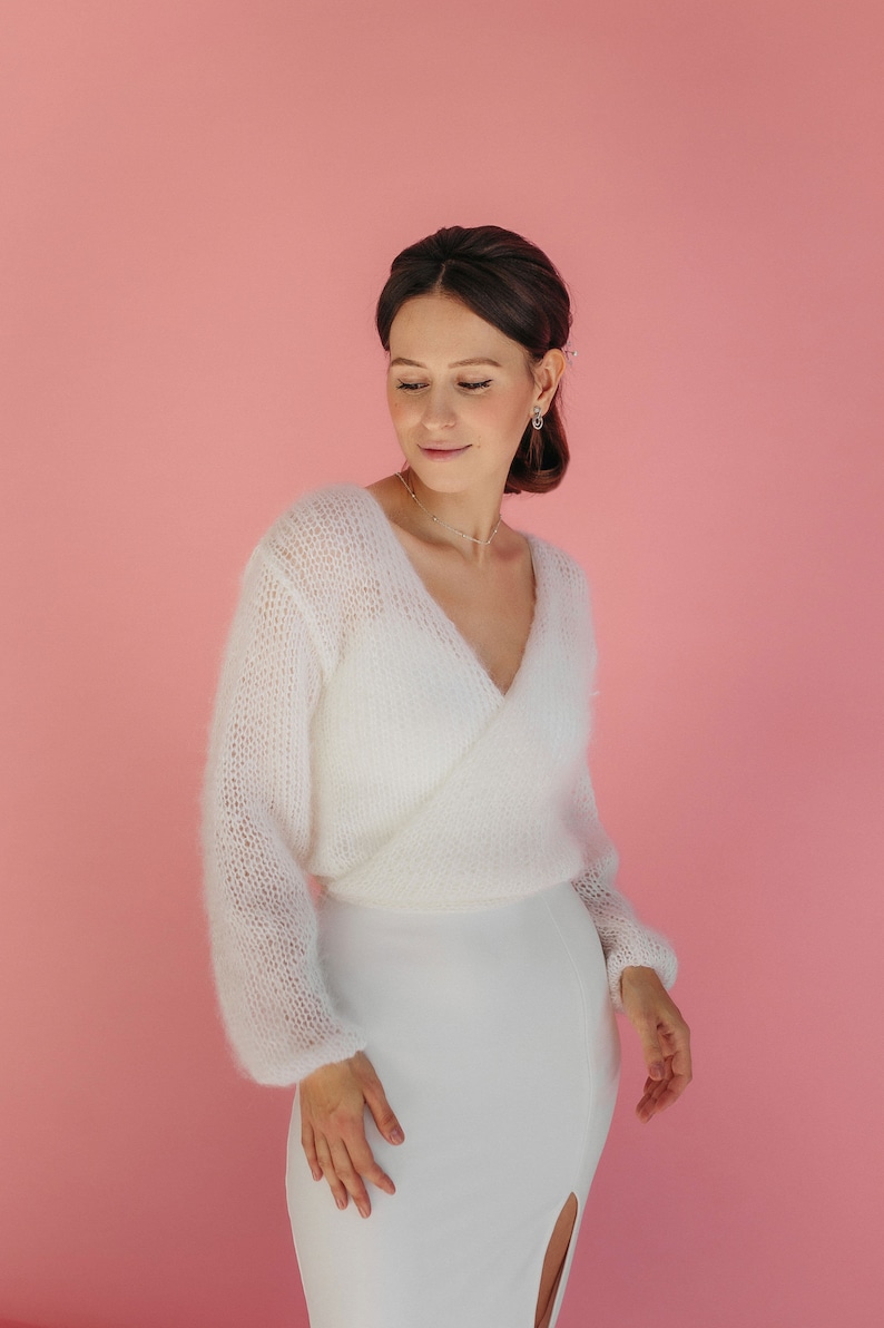 Veste en mohair, cardigan blanc pour femme, écharpe de mariée, manteau en mohair blanc, cardigan de mariage, cape en mohair, veste en laine blanche, couverture de mariée image 4