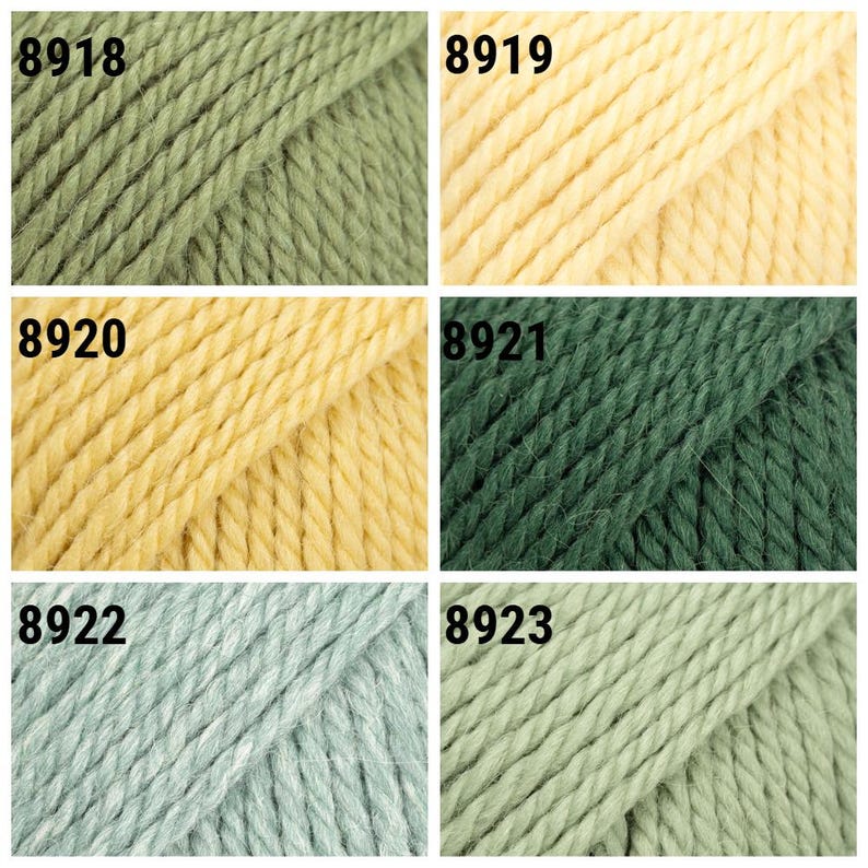 May include: A collection of yarn skeins in various shades of green and yellow. The skeins are labeled with numbers 8918, 8919, 8920, 8921, 8922, and 8923.