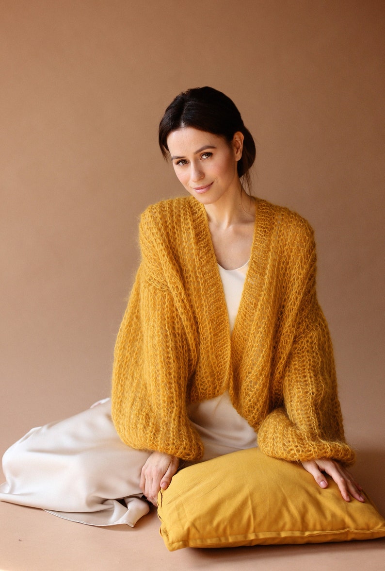 Mohair Cardigan Women Bridal Shrug Bolero Wool Jacket Women Mohair Sweater Orange Knitted Coat Wedding Cardigan image 5