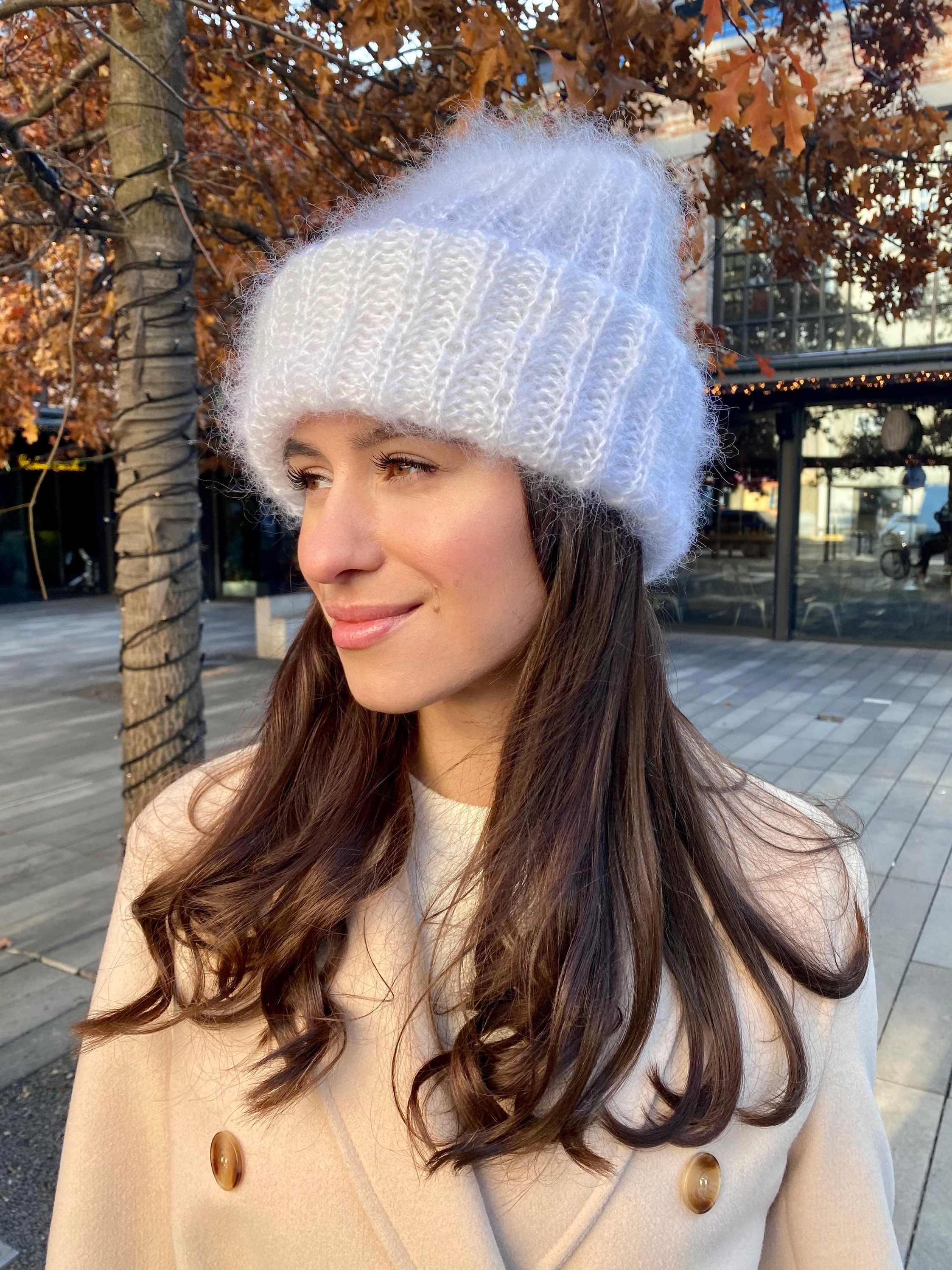 Mohair Winter Hat White Women Hat Handknit Beanie Hat Fluffy Warm