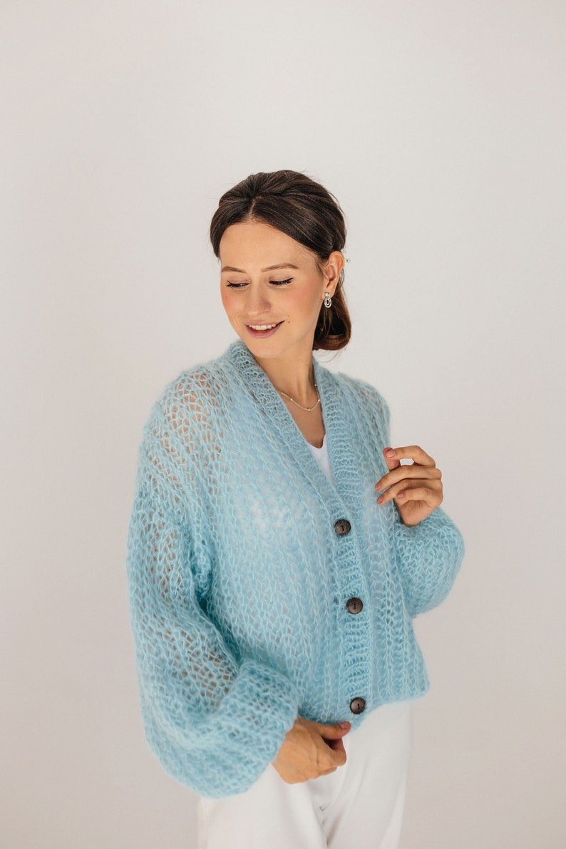 Mohair Cardigan Blue Wool Pullover Mohair Wool Sweater Knitted Cardigan Mohair Wool Coat Mohair Jacket image 1