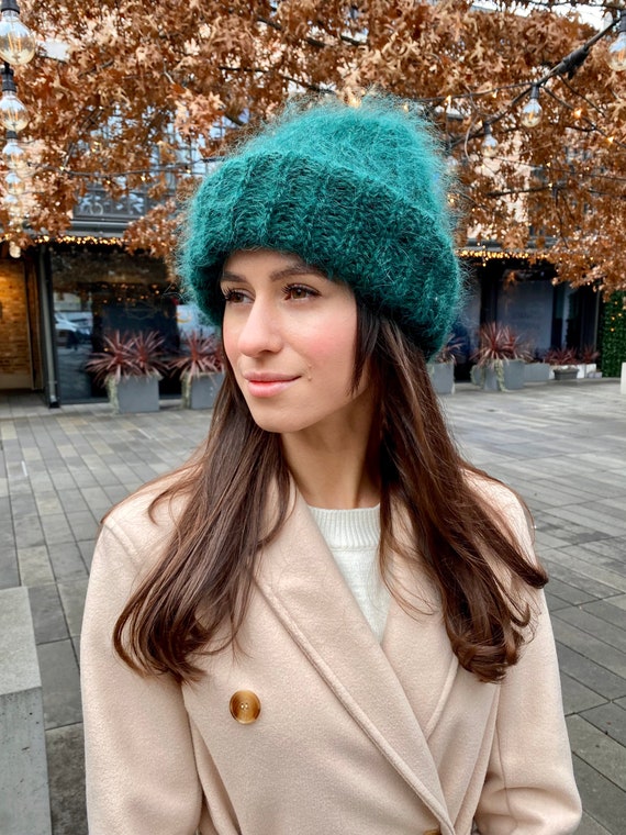 Emerald Green Mohair Hat Fluffy Wool Hat for Women