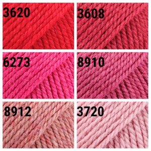 May include: Six skeins of yarn in various shades of pink and red. The skeins are labeled with the numbers 3620, 3608, 6273, 8910, 8912, and 3720.