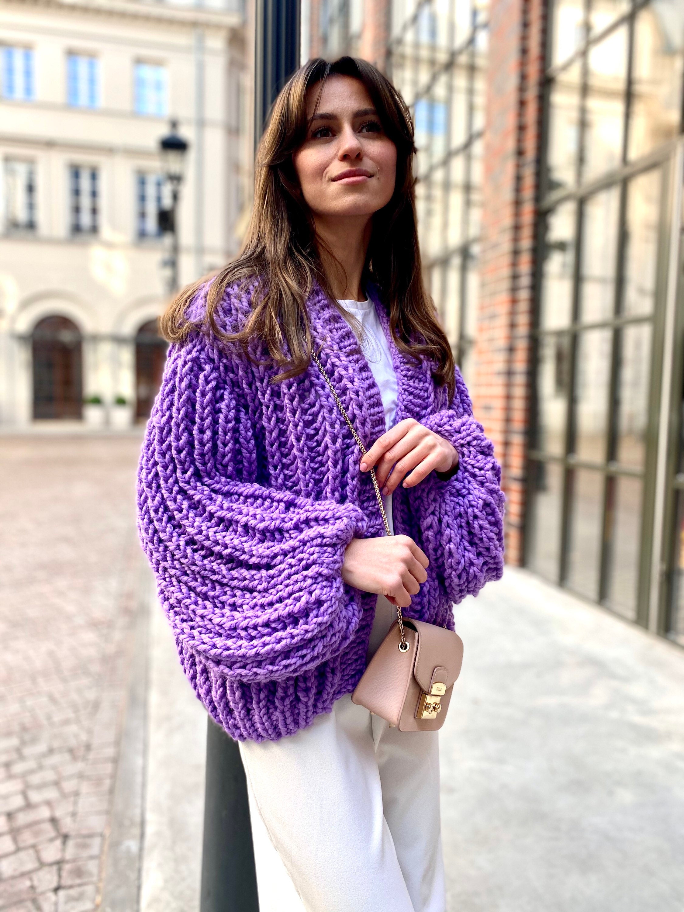 パープルカーディガンボンバージャケットレディースウールカーディガン