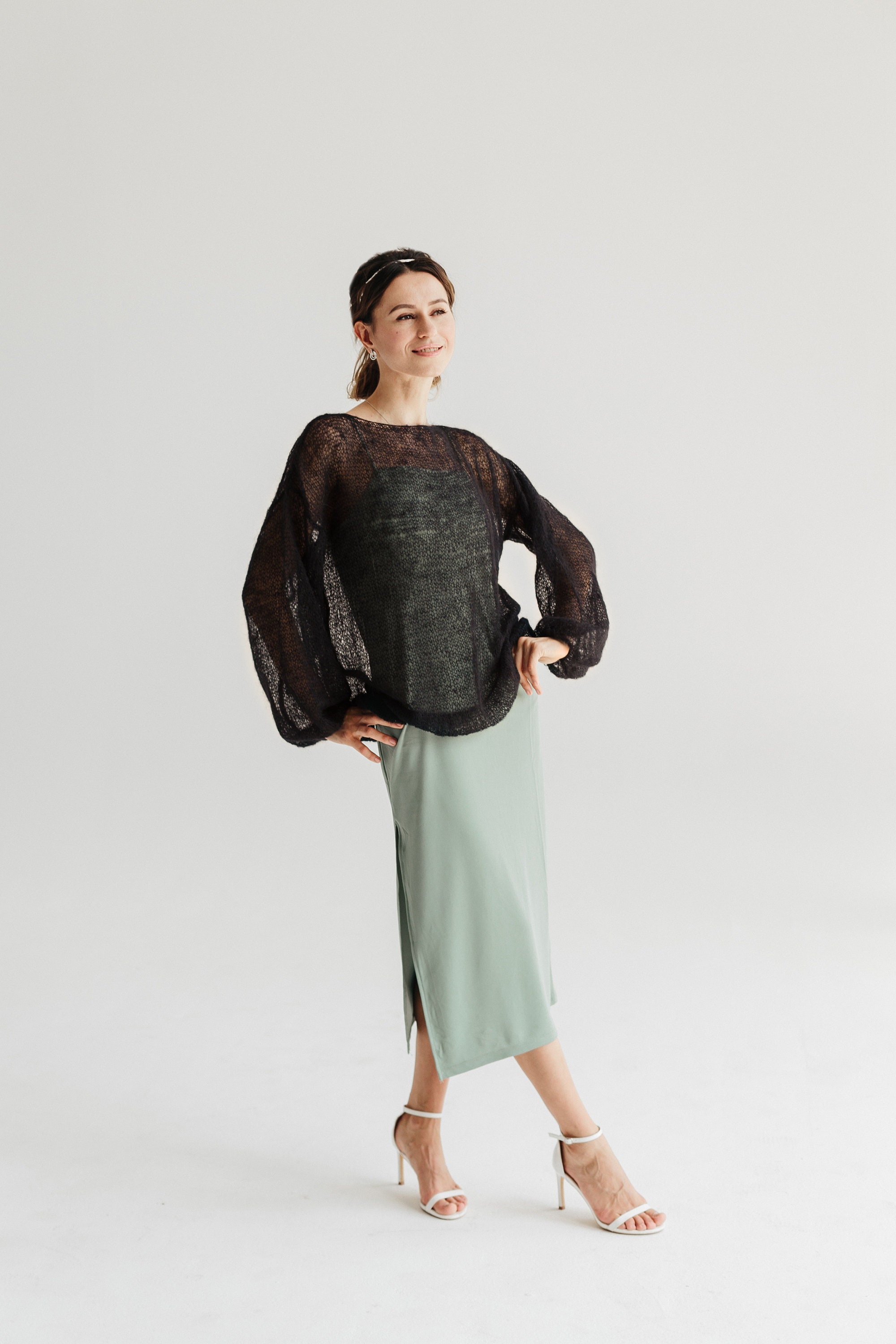 ClewStore Mohair Sweater Black Mohair Jumper Blouses Woman Black Sweater Women Wedding Cover Up Black Jumper Women Mohair Pullover Lace Sweater