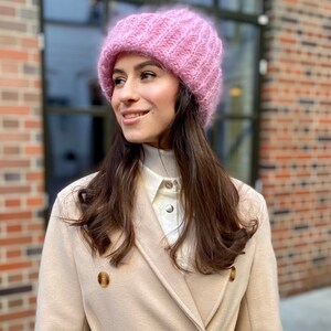 Pink Knit Hat Slouchy Beanie Women Black Wool Cape Cable Knit Hat White Beanie Pink Crochet Hat Pink Slouchy Beanie Pink Mohair Hat image 5