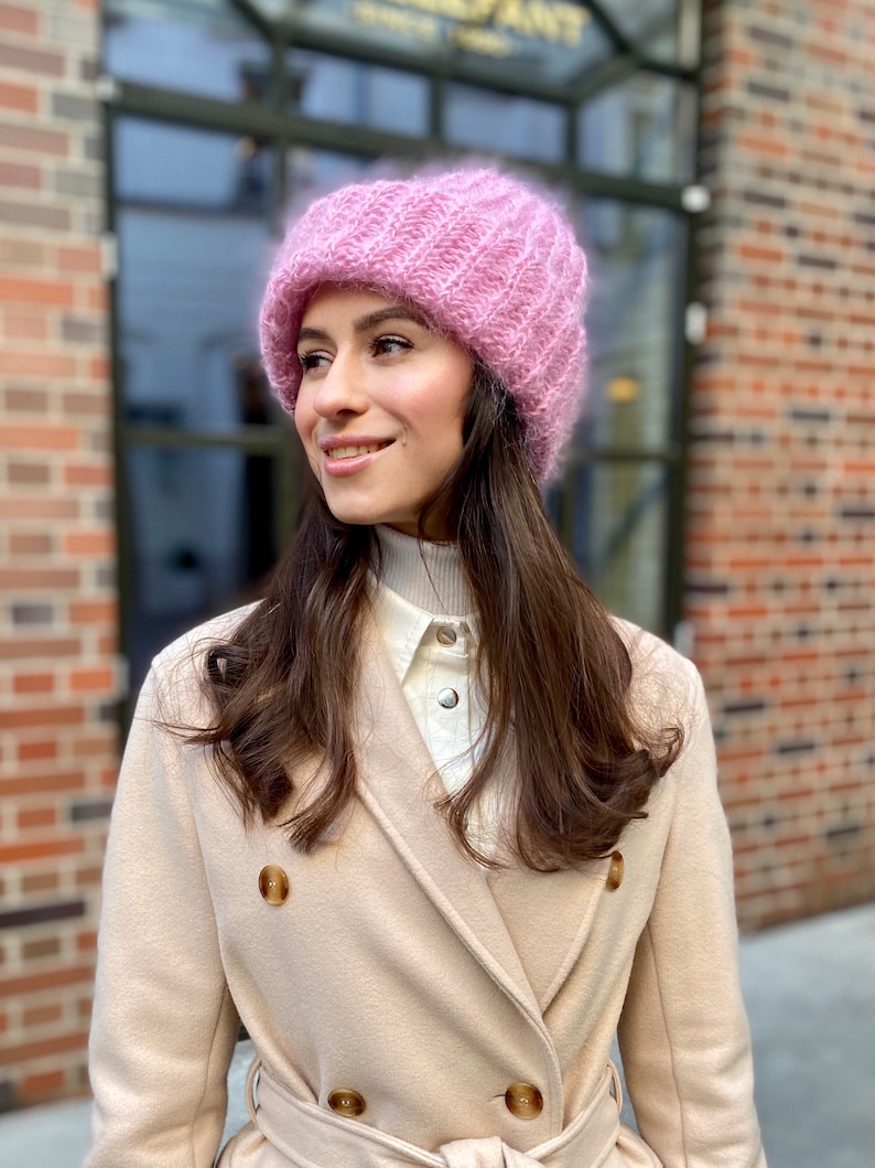 Pink Knit Hat Slouchy Beanie Women Black Wool Cape Cable Knit Hat White Beanie Pink Crochet Hat Pink Slouchy Beanie Pink Mohair Hat image 5