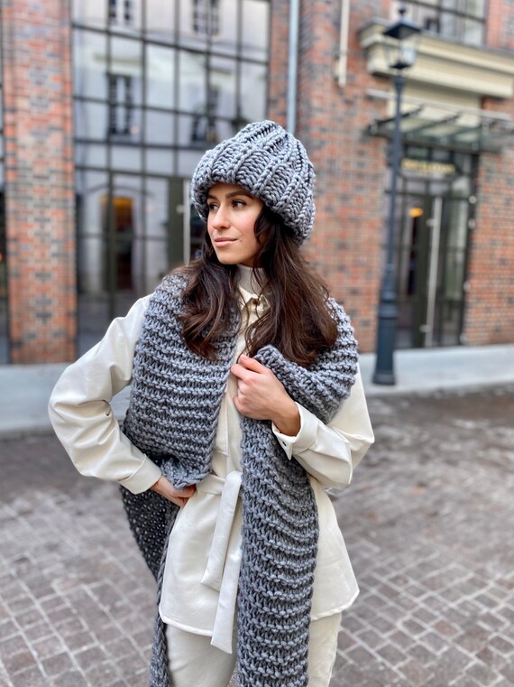 Long Scarf Woven Scarf for Women Gray Scarf Knit Big Cable 