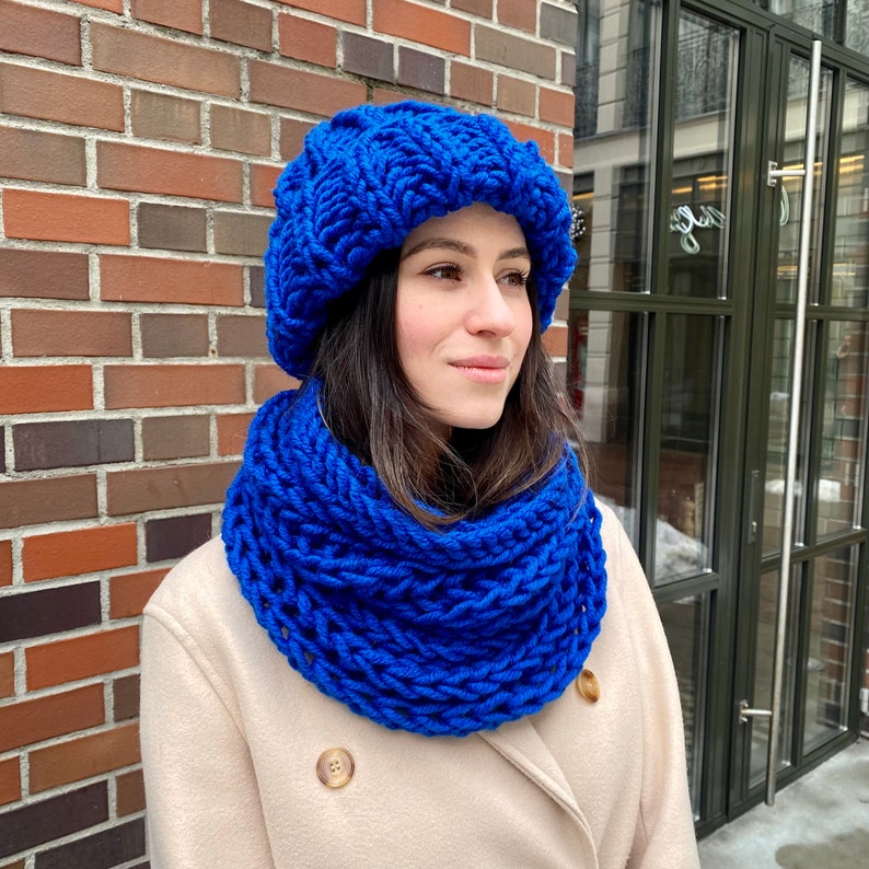 Bonnet d'hiver bleu femme chapeaux écharpe bleue femme accessoires d'hiver bonnet tricoté bleu écharpe en laine ensemble bonnet écharpe en laine image 3