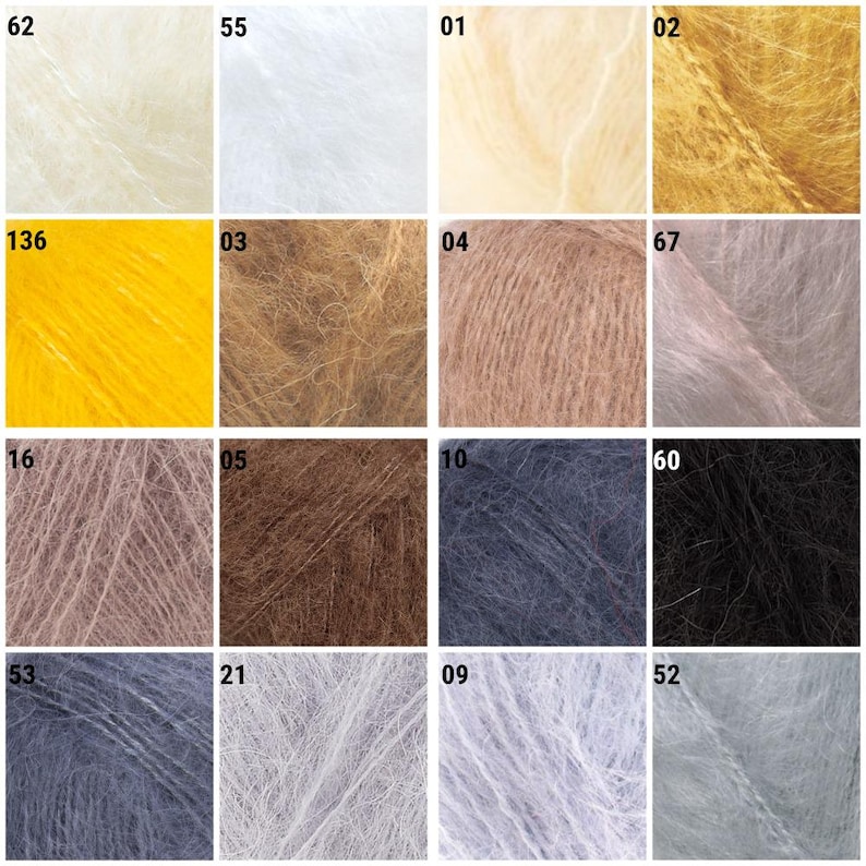 May include: A color chart of yarn samples in various shades of white, yellow, brown, gray, and black. The yarn is a mohair blend and has a fuzzy texture.