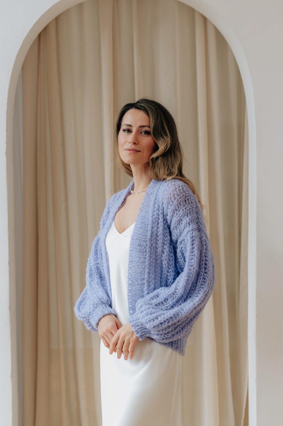 Braut Jacke Alpaka Seide Strickjacke Blau Pullover Damen Braut