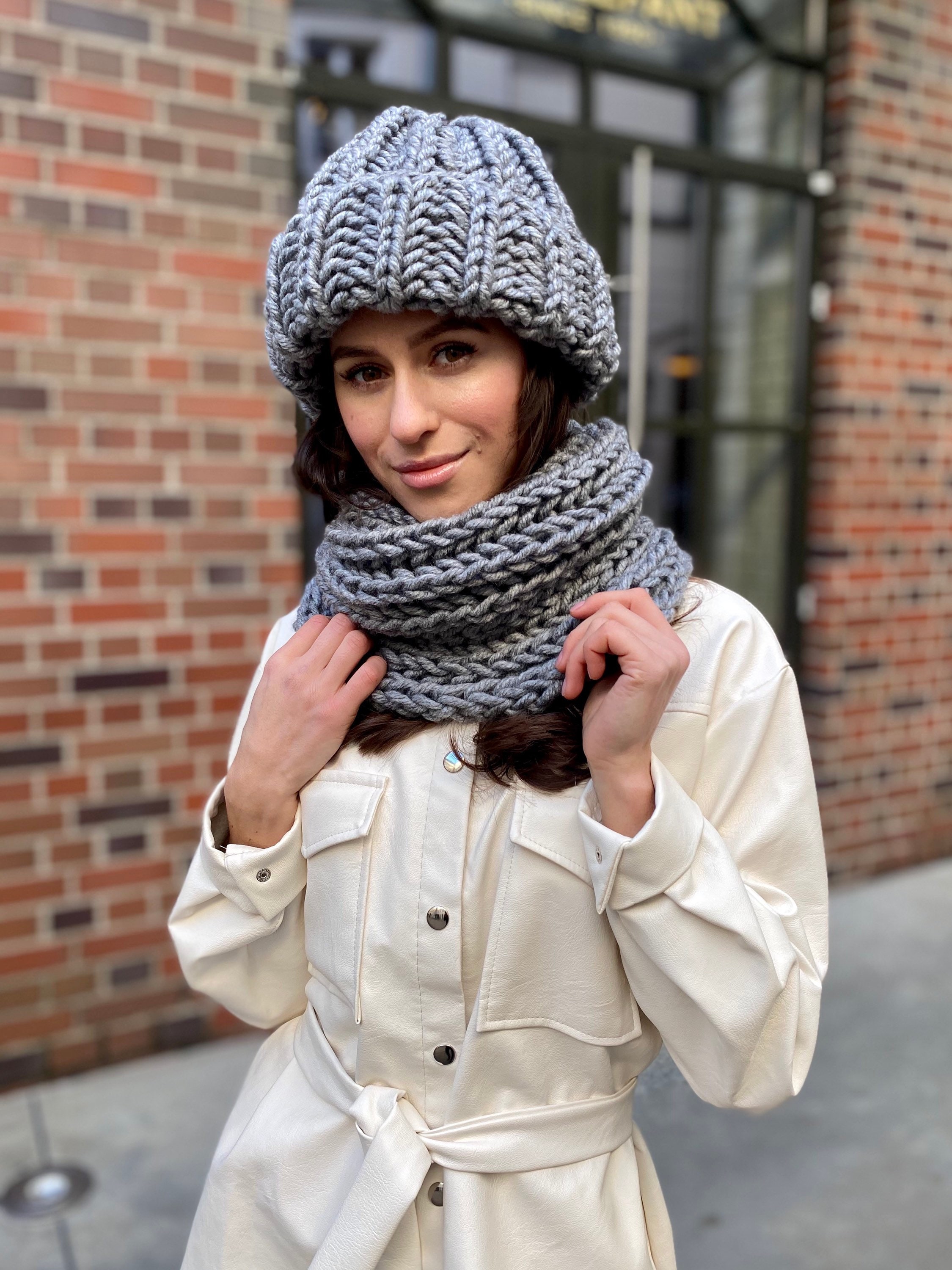 Wool Hat Scarf Set Gray Scarf Knit Loop Scarf for Women Hat 