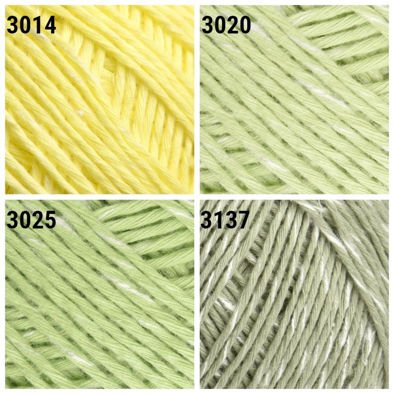 May include: Close-up of four skeins of yarn in different colors: yellow, light green, green, and gray. The yarn is textured and has a subtle sheen. The skeins are labeled with numbers: 3014, 3020, 3025, and 3137.