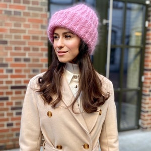 Pink Knit Hat Slouchy Beanie Women Black Wool Cape Cable Knit Hat White Beanie Pink Crochet Hat Pink Slouchy Beanie Pink Mohair Hat image 2