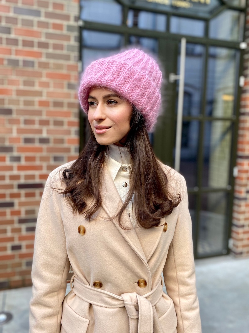 Pink Knit Hat Slouchy Beanie Women Black Wool Cape Cable Knit Hat White Beanie Pink Crochet Hat Pink Slouchy Beanie Pink Mohair Hat image 2