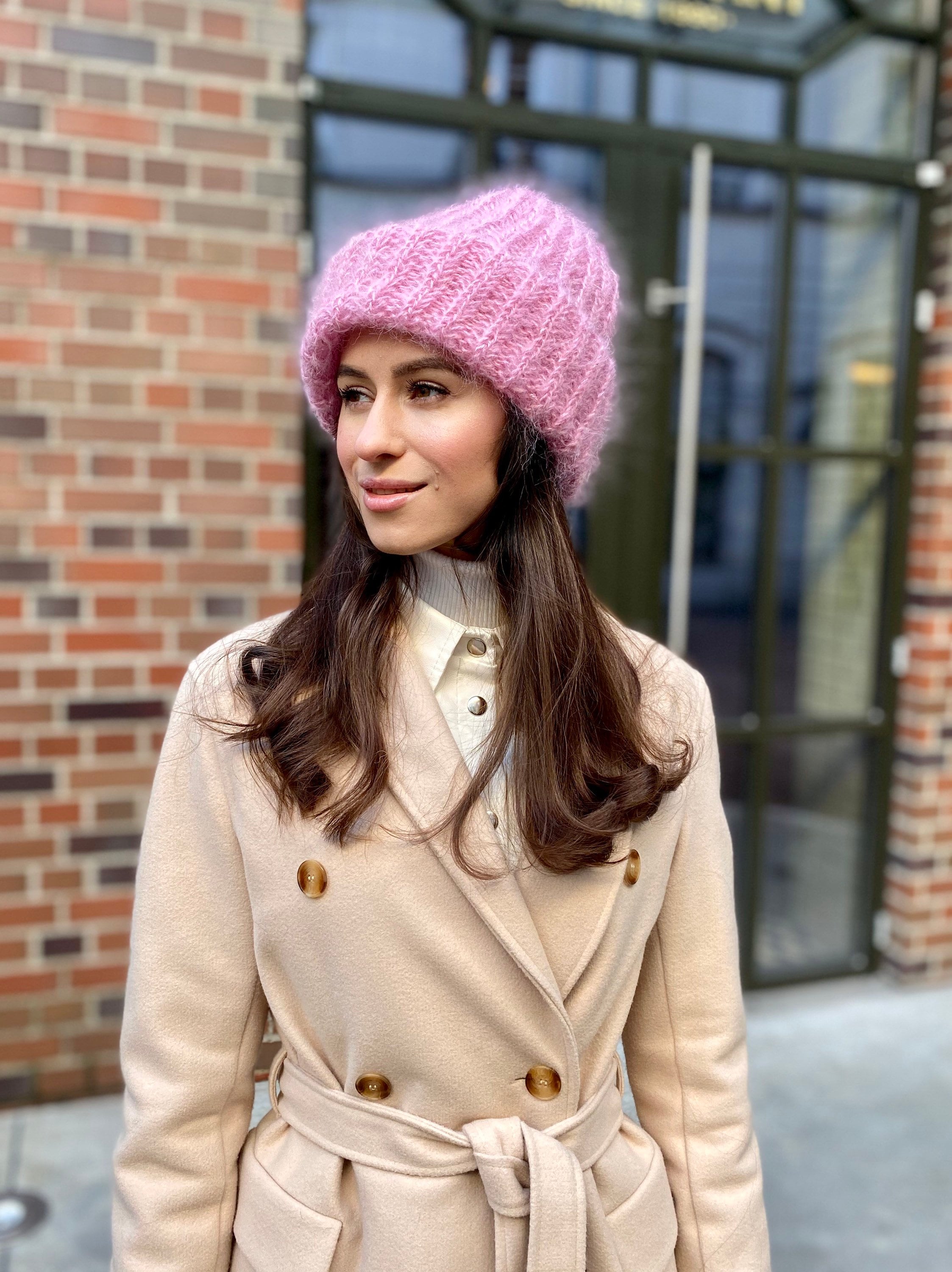 Pink Knit Hat Slouchy Beanie Women 